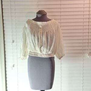 We the Free White Size L Cropped Off Shoulder Buttoned Front Sheer Boho Top